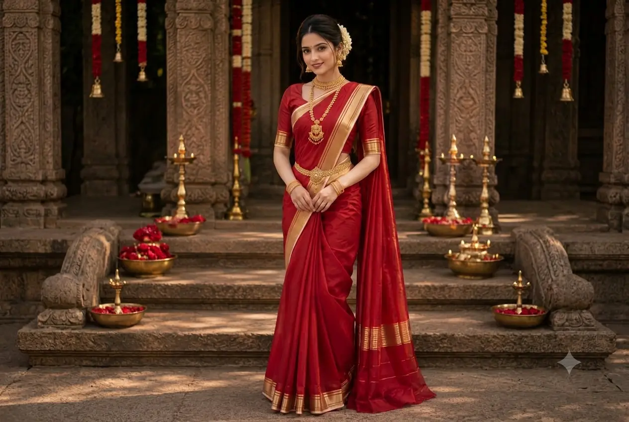 red Kanjivaram saree Navratri festive wear