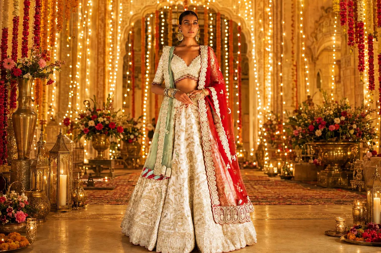 white lehenga paired with a coloured dupatta